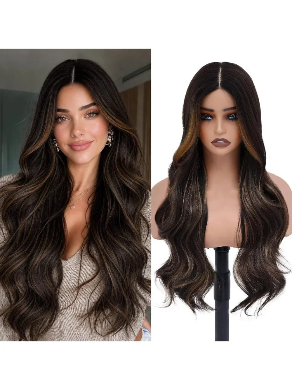 Women's 26 Inch Highlight Brown Long Wavy Synthetic Glue Less 4x4 Lace Front Wig
